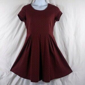 DeCollection Women's Burgundy Dress Polka Dot Short Sleeve Fit & Flare Size L